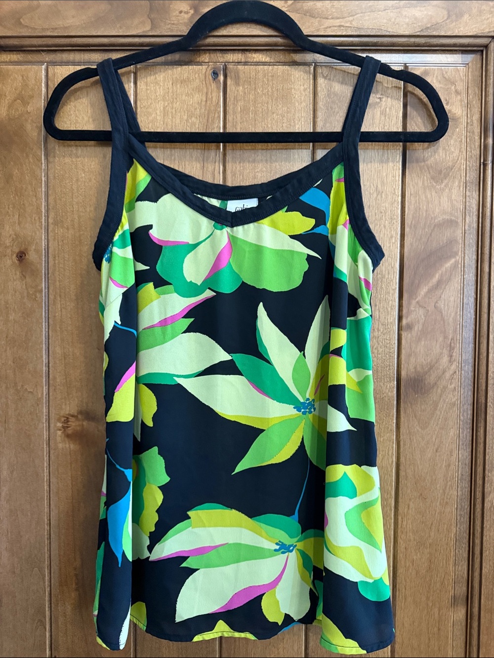 CAbi Tropic Tank Black Floral Print Camisole with Green and Pink Accents
